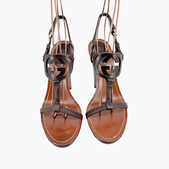 Gucci GG Interlock Cutout Wedge Sandals Size 7.5 Brown Leather Logo Platform - Picture 3 of 16